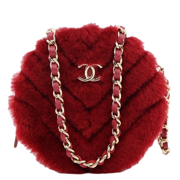 Chanel  Round Chevron Shearling Clutch With Chain Crossbody Bag Burgundy - Picture 1 of 13